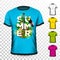 Summer Holiday T-Shirt design with tropical leaves, flower, acoustic guitar and toucan bird on transparent background