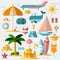 Summer holiday, tourism and vacation flat icons. Vector illustration of summer vacation accessories, flat icon set