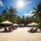 Summer holiday travel background. Tropical island luxury resort hotel vacation. Sun umbrella and chairs on