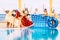 Summer holiday vacation concept with group of happy and. cherful adult women have fun together at the pool with coloured trendy