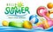 Summer holiday vector background design. Hello summer typography text in water float with floaters inflatable objects.