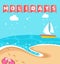Summer holidays background. Beach, water, foot steps in sand, sandals, ship, clouds and blue sky