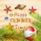 Summer holidays beach background with starfish, corals, ball, and palm trees