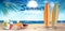 Summer Holidays in Beach Seashore banner design. Summer sea with beach sand against a sunny seascape. Vector