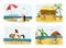 Summer holidays concept vector illustration. Woman under umbrella next to sea. Horse riding. Bar on a beach