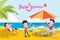 Summer holidays illustration,flat design beach and listening to music concept