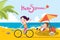 Summer holidays illustration,flat design beach and riding bike concept