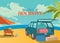 Summer holidays illustration,flat retro design beach and suv, concept