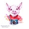 Summer holidays illustration. Watercolor cartoon pig with camera. Funny photographer. Traveling. Symbol of 2019 year