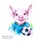 Summer holidays illustration. Watercolor soccer pig with ball. Funny football player. Sport. Symbol of 2019 year