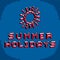 Summer holidays phrase created in digital technology style, vector 8 bit shining sun. Vacation theme, pixel art inscription.