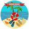 Summer holidays poster with tropical island and travelling accessories