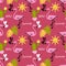 Summer holidays seamless pattern of doodle flamingo with cute sun and cactus