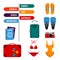 Summer holidays set with direction signs, luggage suitcases, swimming suits,