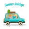 Summer Holidays Square Banner. Happy Family by Car