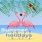 Summer holidays, a summer holidays banner with flamingos and a parrot against the background of the sea and the leaves of a palm t