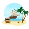 Summer holidays travel icon with pirate ship, coconut tree, treasure chest and beach