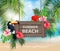 Summer holidays vector illustration. Beach, beautiful sailboat, palm trees, beautiful panoramic sea view, Vector.