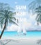 Summer holidays vector illustration. Beach, beautiful sailboat, palm trees, beautiful panoramic sea view, Vector.