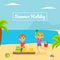 Summer Holliday Banner Template with Cute Boy and Girl Playing on Tropical Beach Vector Illustration