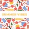 summer horizontal baner. beach items, summer vacation. sunglasses, ball, surfboard, champagne, guitar, umbrella, watermelon,