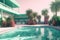 Summer hotel with pool in vaporwave style, pink and blue colors. Generated AI.