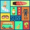 Summer icons seamless pattern. Vacation on seaside. Palms, flippers, surfing man, diving suit, sunglasses, sun cream