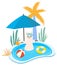 Summer illustration of cute llama with inflatable pool floats relaxing in the pool. Vector template.
