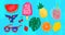 Summer illustration. Drawings of watermelon, fruits, monstera leaf, ice cream, glasses, strawberry.