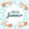 Summer illustration, drawn goldfish on the background of water and the text Summer time. Print, template