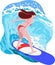 Summer illustration with happy young woman surfer in red swimsuit riding big waves on blue surfboard