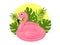 Summer illustration. rubber ring for swimming, flamingo and tropical leaves.