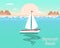 Summer illustration, seascape with a white yacht, mountains at sunset or sunrise. Pastel colors. Print, clip art