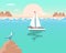 Summer illustration, seascape with white yacht, seagull, mountains at sunset or sunrise. Pastel colors. Print, poster