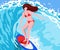 Summer illustration with smiling young woman riding big waves on surfboard. Banner large rectangle summer vector