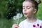 Summer joy - lovely girl blowing dandelion, happy child concept