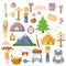 Summer kids camping, vector flat, cartoon set of camp icons. Tent, trees, car, kids, equipment for camping and summer