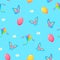 Summer kids vacation seamless pattern. Red balloon flying purple butterflies with yellow tint airy toy kite.