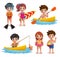 Summer kids vector characters set. Young boys and girls wearing swimming attire doing beach activities