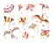 Summer and kites. Flat vector illustrations. A set of pink, purple, yellow kites. Butterflies, parrots. Summer items for