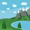 Summer lake landscapes: fields, lake, sky with clouds, mountains, green trees in flat cartoon style