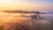 Summer landscape aerial panorama. Morning fog over river