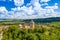 Summer landscape aerial view in Romania at Viscri fortified churh and traditional saxon village