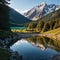 Summer landscape of the alpine lake Issyk near the city of Almaty. Beautiful view of the lake in the