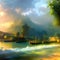 Summer landscape beautiful and moody oil paint, countryside river bank with boats. Generative Ai