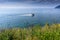 Summer landscape with boat and butterflies on lake Baikal. Circum-Baikal Railway, Siberia. Coastline of most deep clear