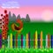 Summer landscape. On a colored picket fence, a rooster meets the sunrise.