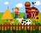 A summer landscape depicting farm animals cows and a barn, a farmer stands near hay. Happy farm. Vector