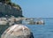 Summer landscape with dolomite rocks by the sea, beautiful view of wild romantic coastal cliff landscape at the Baltic Sea at