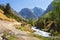 Summer landscape in Fann mountains, Tajikistan. Scenery view on mountain range with water stream